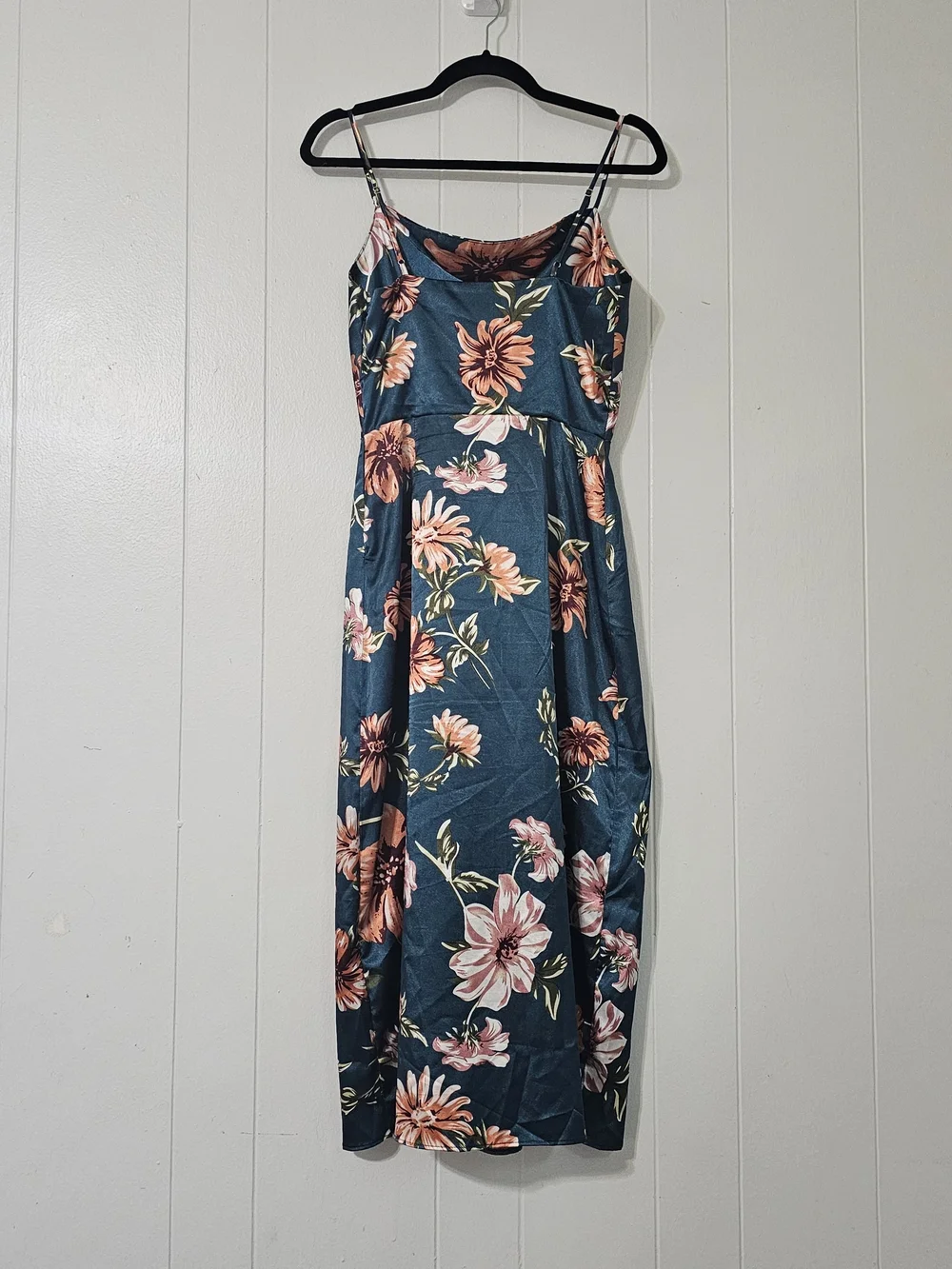 Women's Satin Floral Slip Dress Small Teal Cowl Neck Midi Cocktail Wedding Guest - Picture 3 of 8